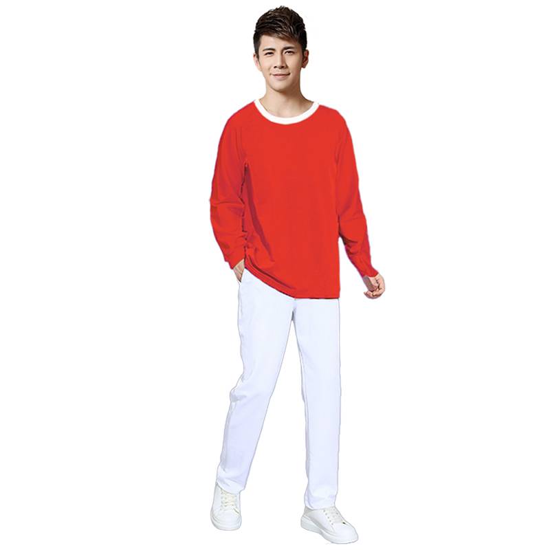 Long sleeves, red shirts, white pants
